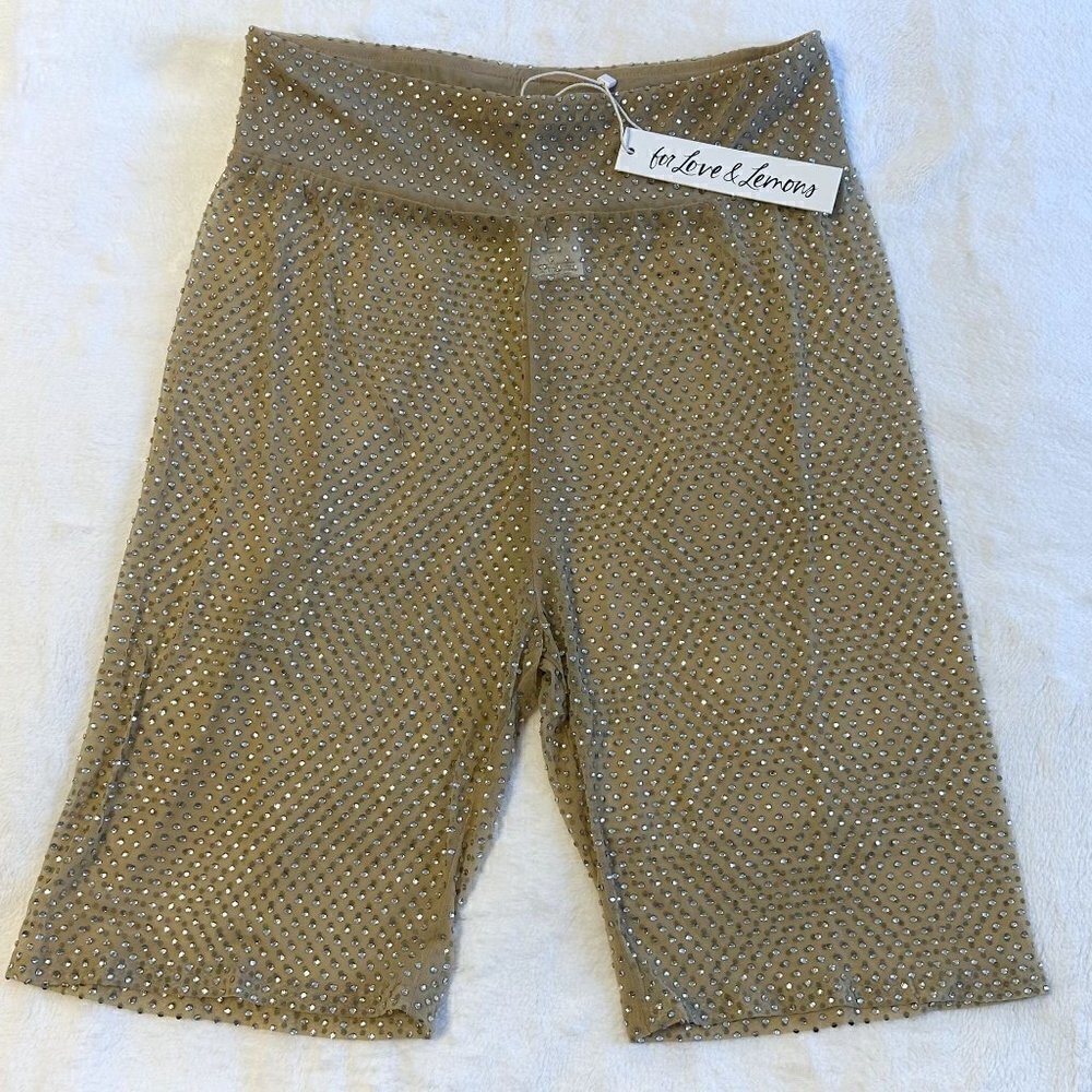 NWT For Love & Lemons Kiara Mesh Rhinestone Bike Shorts in Beige - M - Picture 2 of 6